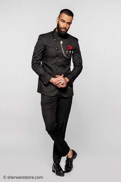 Jodhpuri with Trouser Men Black Angrakha Style Polyester Viscose Fabric
