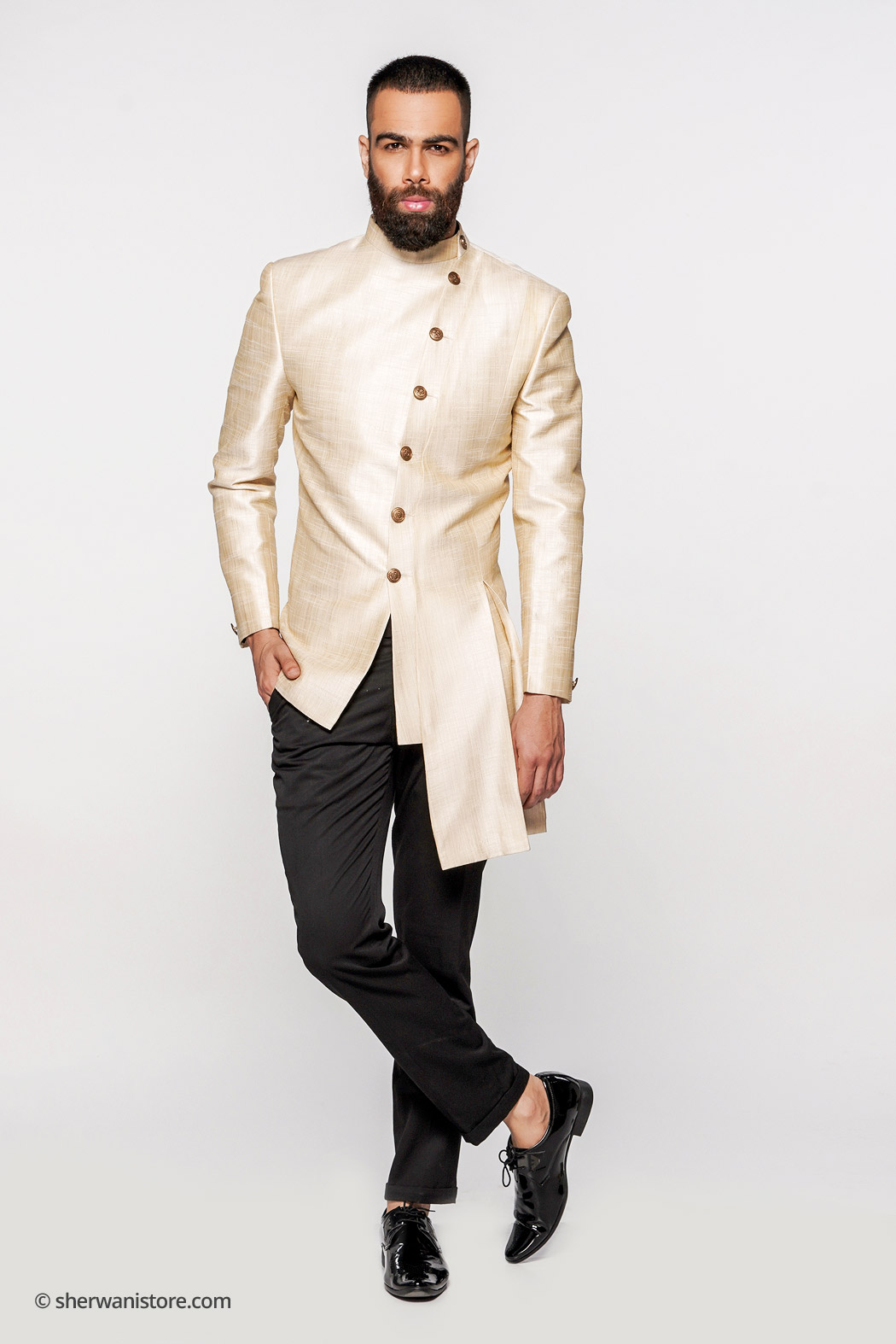 Indo Western with Trouser Men Beige Dupion Silk Fusing Fabric