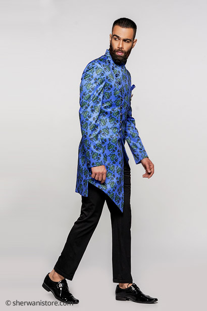 Indo Western with Trouser Men Royal Blue Printed Polyester Fabric