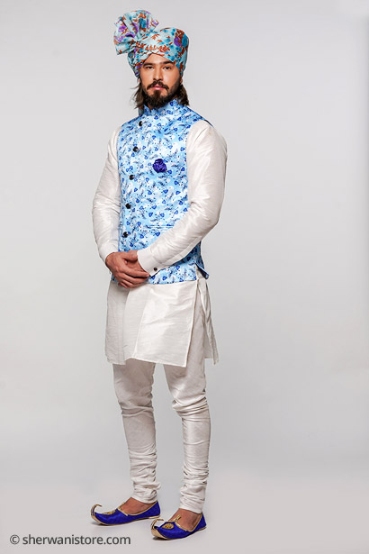 Kurta And Churidar Pajama with Jacket Satin Print Men Banarasi And Dupion Silk Fabric