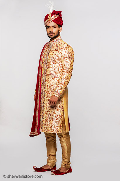 Wedding Sherwani Golden with Kurta Churidar Pajama Juti Turban Shawl Kalgi Resham Embroidery Dupion Silk Fabric