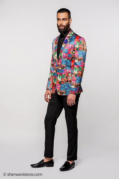 Party Blazer with Trouser Men Multicolor Printed Polyester Viscose Fabric