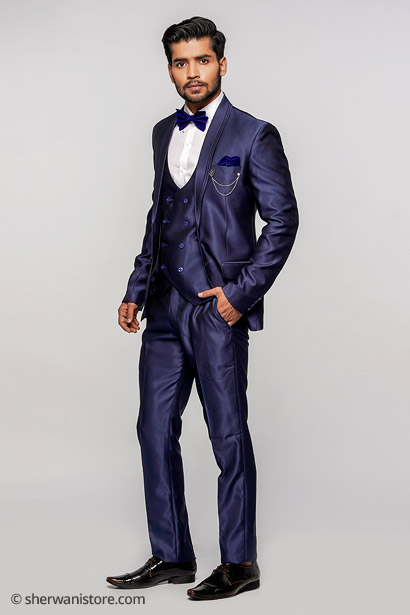 3 Piece Tuxedo with Shirt Waistcoat Bow Trouser Men Navy Blue Polyester and Viscose Fabric